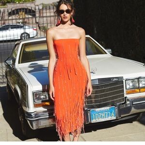 Delfi Collective Amala Strapless Crystal- Fringe Slim Midi Dress Sz XS NWT